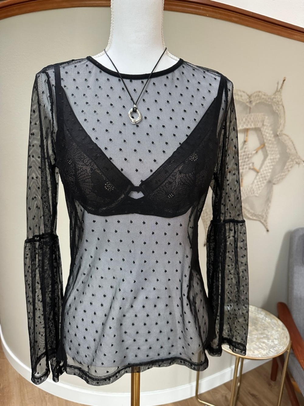 Whimsigoth sheer black Swiss dot long sleeve top with bell sleeves - Picture 3 of 8